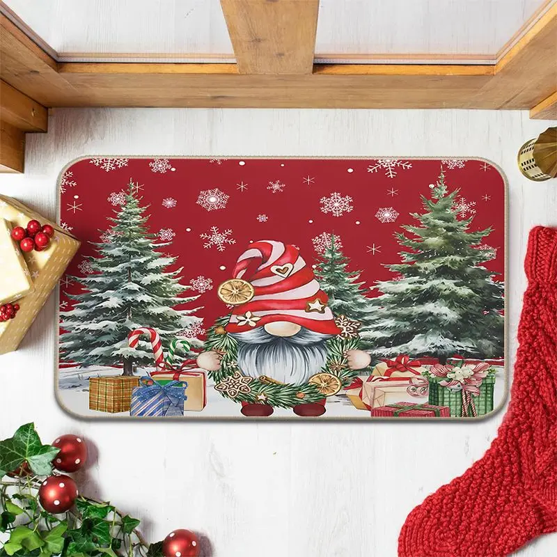 VIKAMA Christmas Entrance Door Mat Durable Gnome Xmas Tree Gift Box Snowflake Print Non Slip Mat For Front Door Porch Xmas Decor