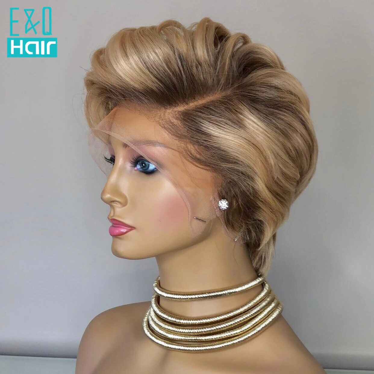 Perruque Bob Lace Front Wig naturelle ombrée, cheveux courts, coupe Pixie, blond 613, 13x6, pre-plucked, avec raie latérale