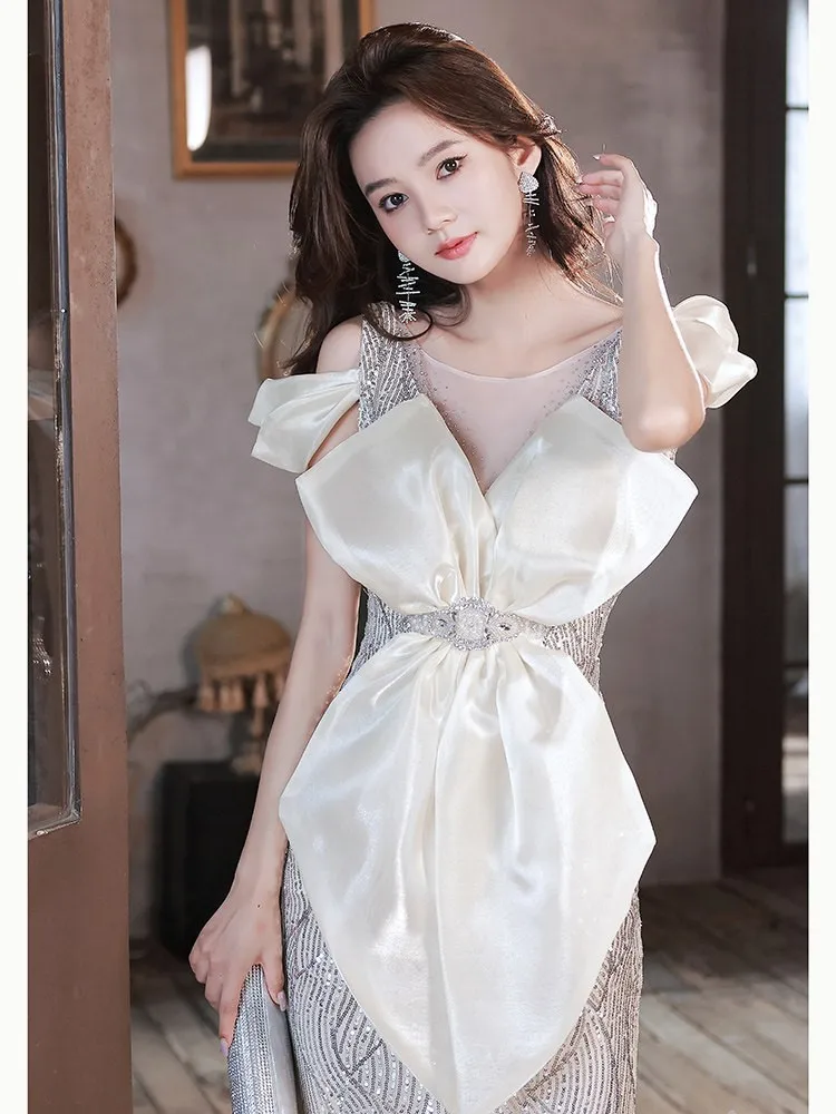 Sequined banquet fishtail one-shoulder light luxury and niche design adult host flash dress