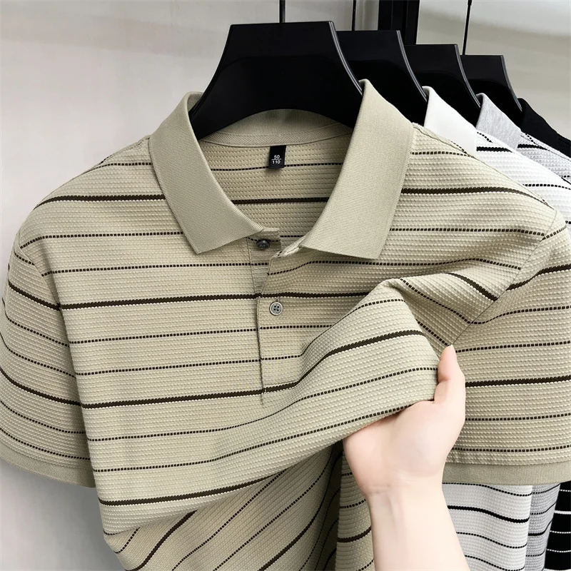 High end striped short sleeve polo shirt light luxury new summer breathable soft comfort men's leisure fashion lapel T-shirt