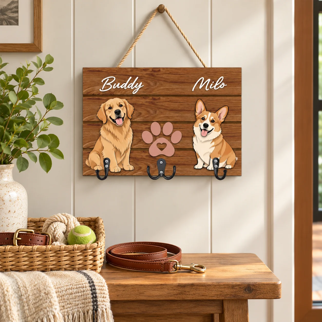 Personalized Dog Leash Holder for 2 Dogs Custom Pet Names Wooden Wall Hook Rack for Collars Keys Entryway Decor