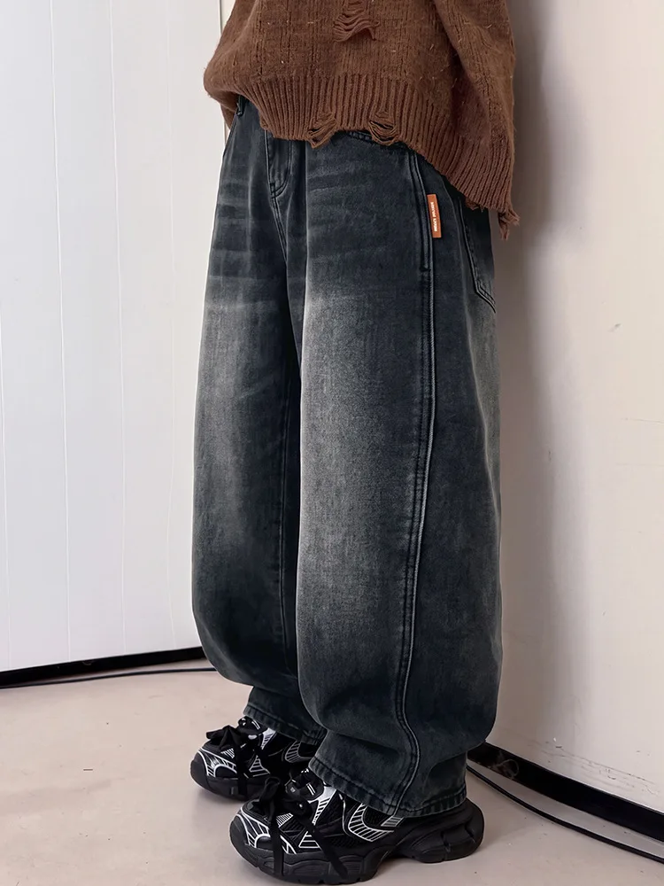 Korean Style SpringAutumn Baggy Jeans for Kids with Letter Embroidery Teenage Boys Black Denim Pants Fashion Children's Clothing