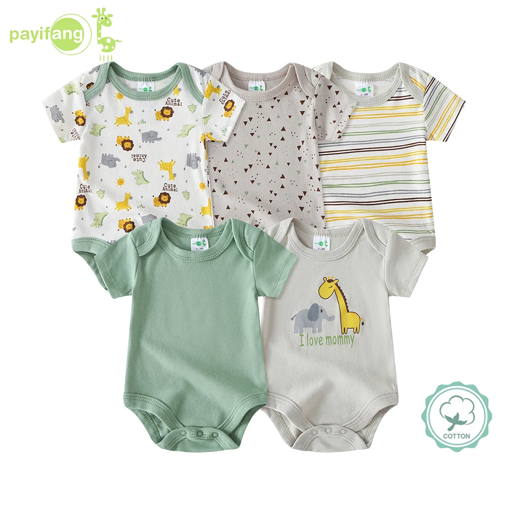 5-pc Newborn Baby Boy Short Sleeve Bodysuits, Cute Teddy Bear Cartoon Rompers, Infant One-Piece Jumpsuits, Round Neck Spring Summer Outfits, Hospital Bag Essentials (Boys), Baby Birthday Gift, for Outdoor