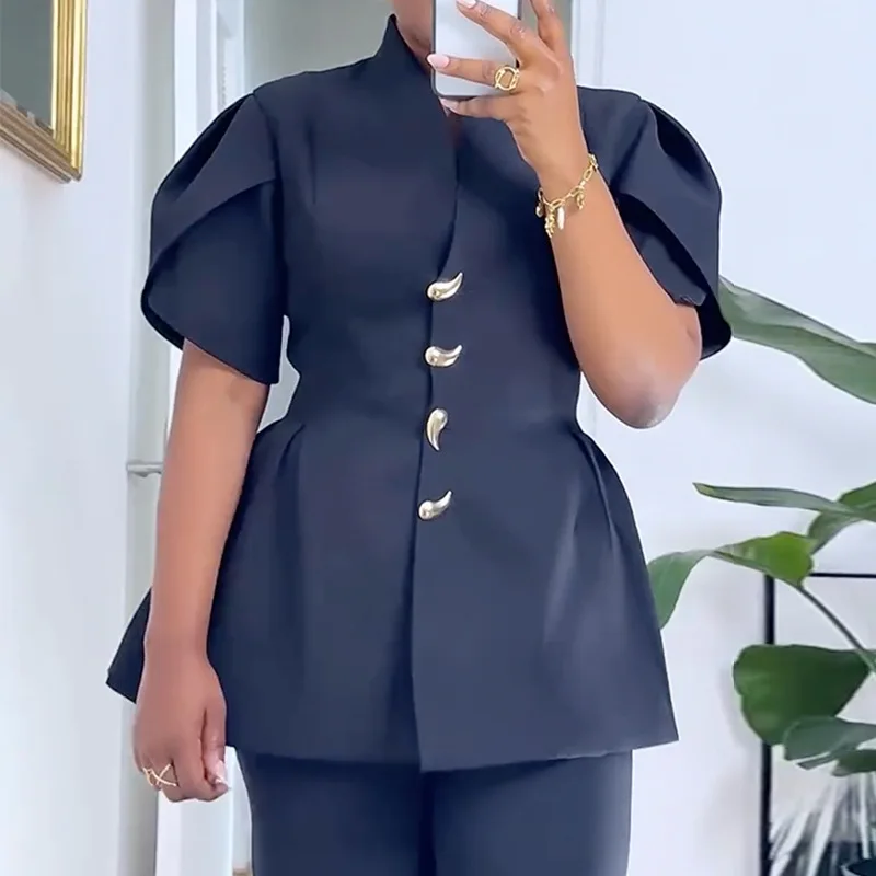 أنيقة 2 قطعة مجموعة بناطيل رجالي للمرأة بلون زهرة برعم كم بلوزة أعلى + مستقيم الساق السراويل مطابقة الإناث الشارع الشهير #4