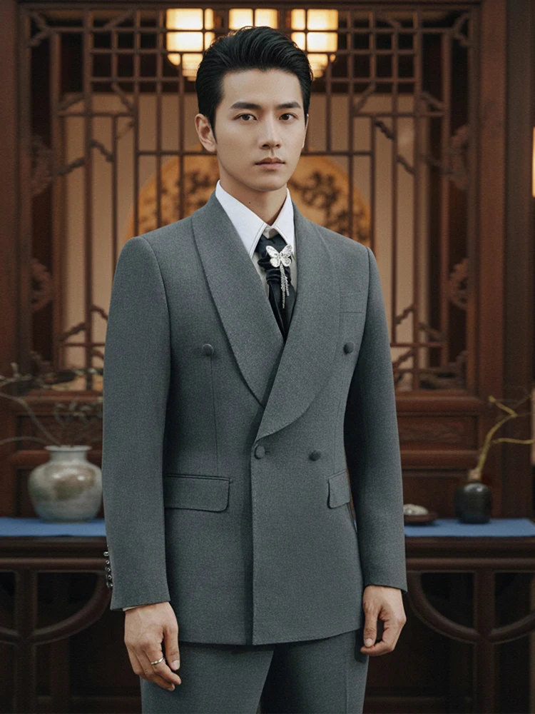 

Мужской серый костюм с шалью и лацканами, двубортный свадебный смокинг 2025 года для жениха, формальный и деловой роскошный серый повседневный блейзер, комплект 60A