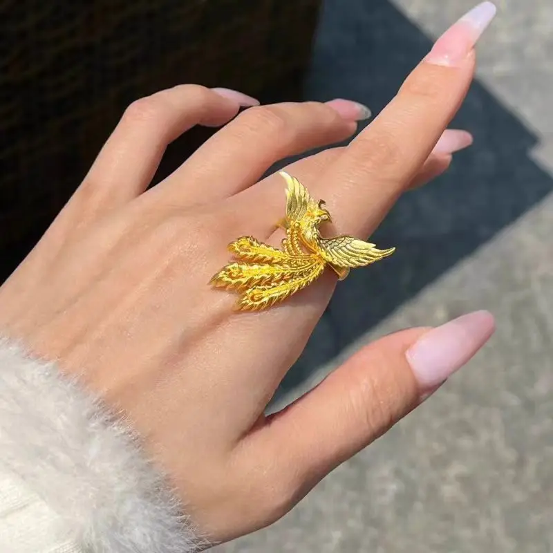 

Women's Adjustable 24K Gold AU999 Ancient Phoenix Lace Ring | Chiseled with Song Dynasty patterns, auspicious for cheongsam
