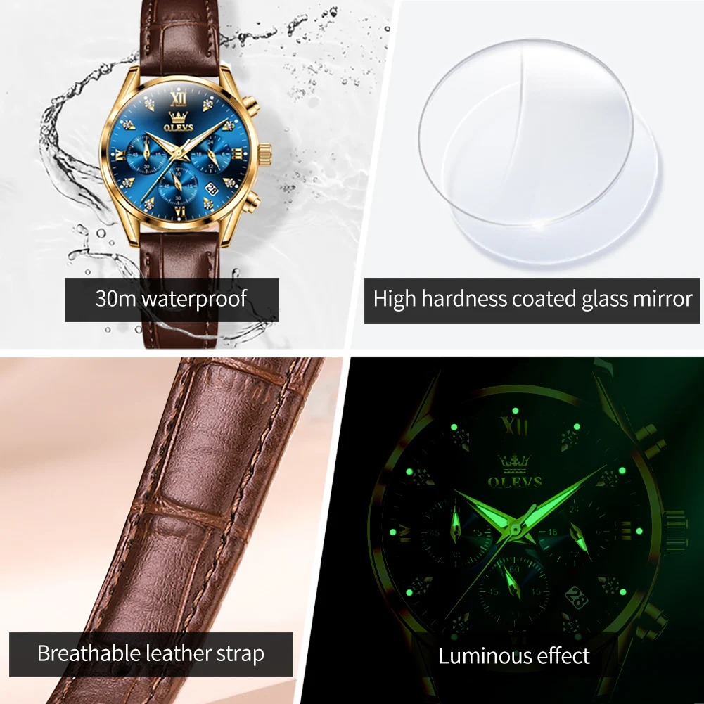 OLEVS Quartz Women\'s Watch Multifunctional Chronograph Waterproof Luminous Leather Strap Waterproof Luxury Elegant Ladies Watch