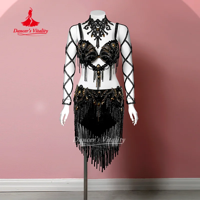 BellyDance Set Reggiseno di lusso personalizzato di fascia alta con pietre AB + gonna sexy con nappe 2 pezzi Abbigliamento da competizione professionale per danza orientale