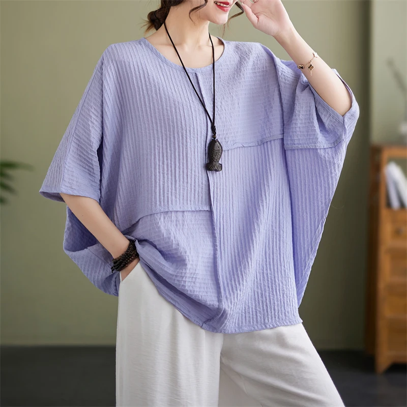 

2024 New Arrival Summer Arts Style Women Casual Loose Short Sleeve O-neck Tops Tees All-matched Batwing Sleeve T-shirt S209