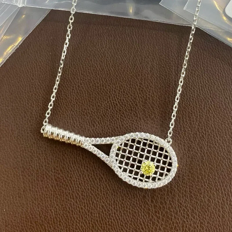 Sterling Silver Pave AAA Zirconia Tennis Racket Shape Pendant Necklaces Sets For Women Fine Jewelry
