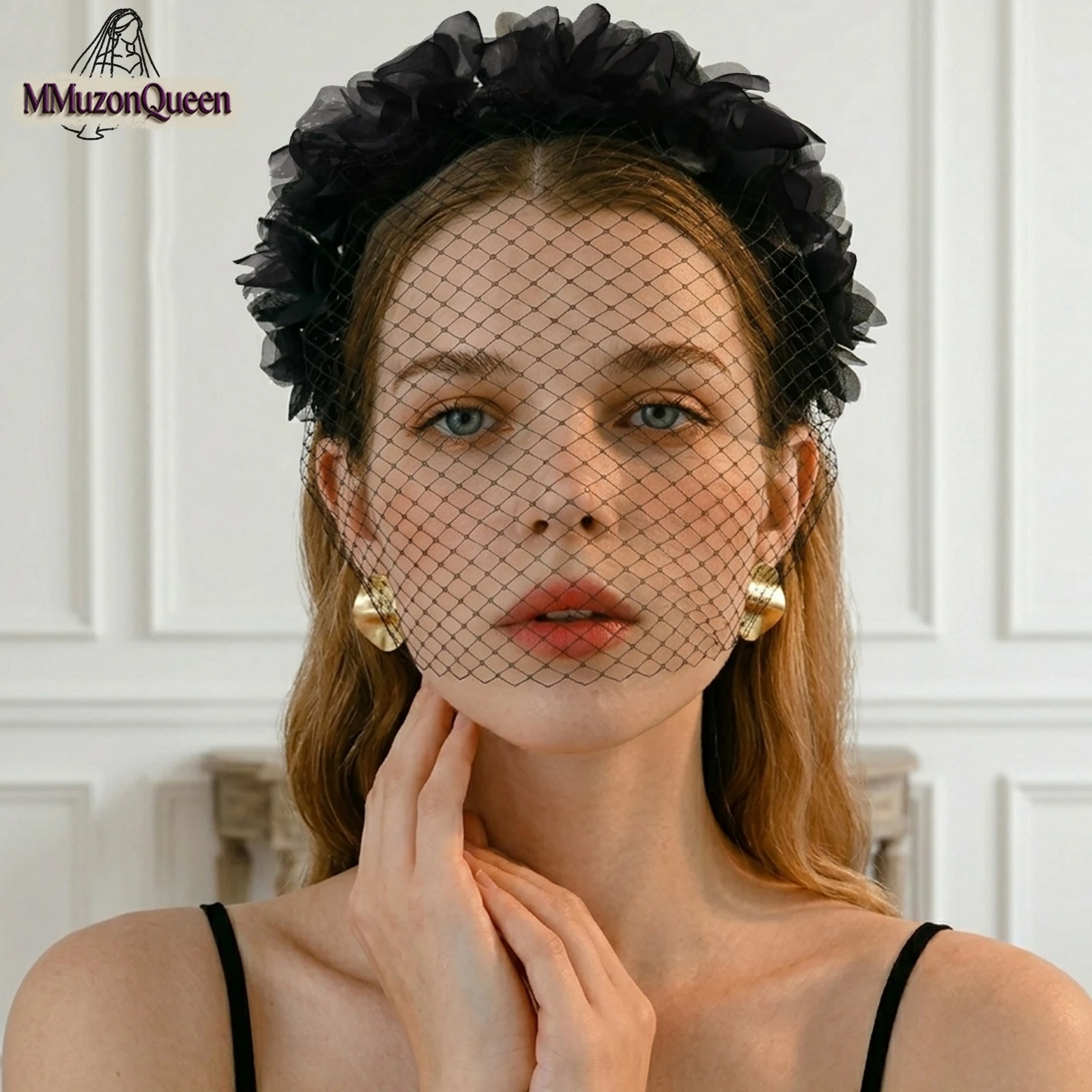 TOPQUEEN Women'S Birdcage Veil 3d Flower Blusher Veil Black Vintage Girl'S Birdcage Headveil Party Accessories VA25