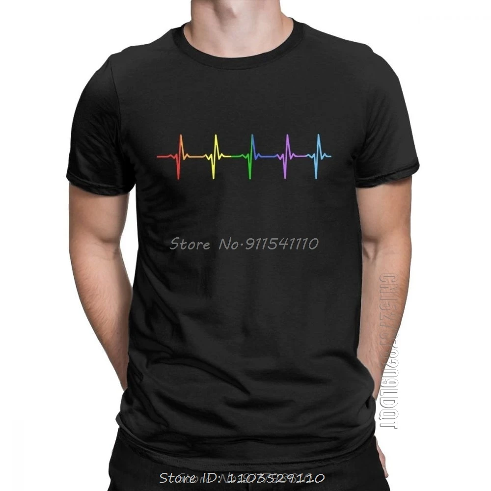 Rainbow Pulse Hearbeat LGBT Men T Shirt Gay Pride LGBTQ Lesbian Vintage Cotton Male Tshirt Basic Tees O Neck T-Shirt Printed