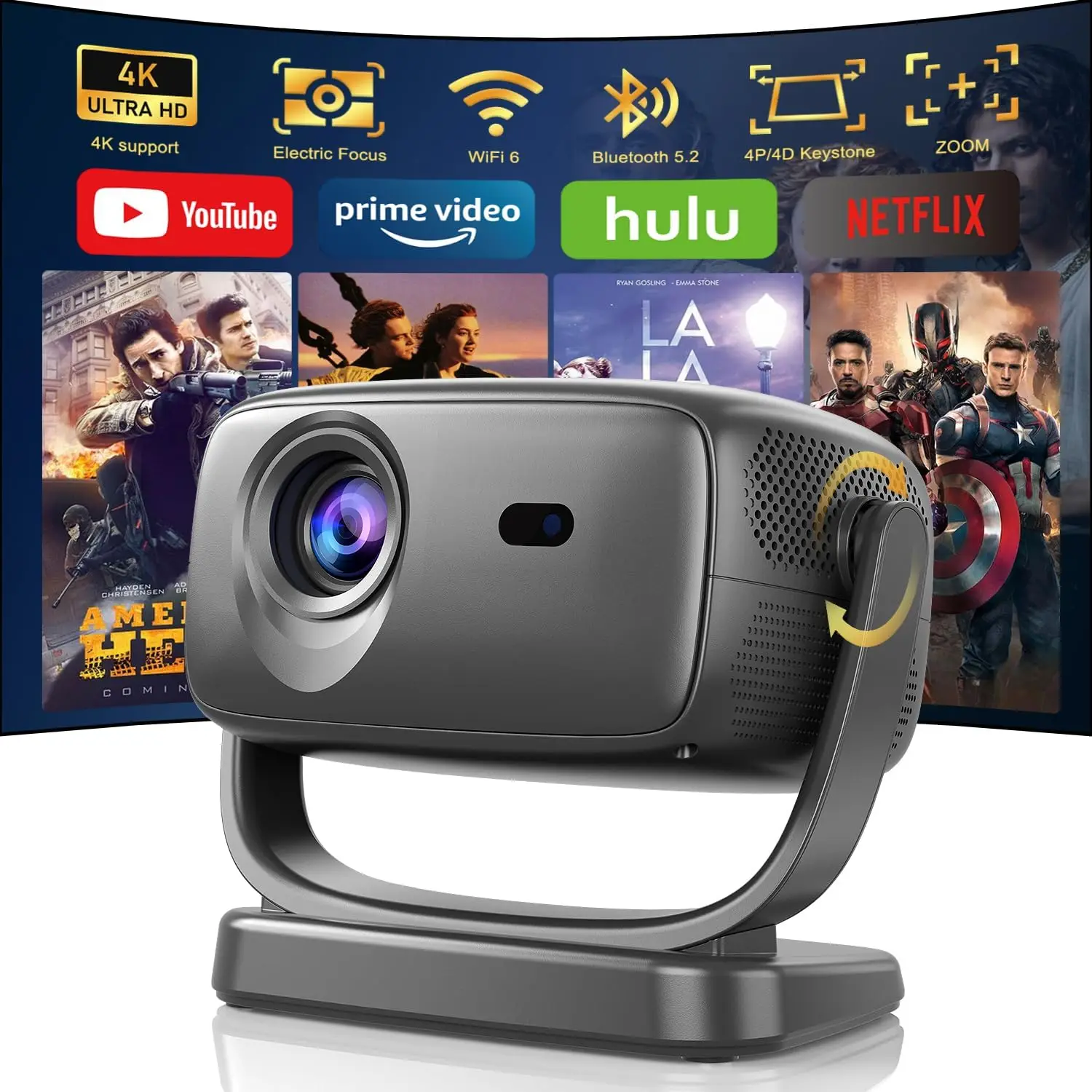 4K Smart Projector with 5G WiFi and Bluetooth 5.2, 600 ANSI Portable Projector with Built in App, 1080P Outdoor Movie Projector