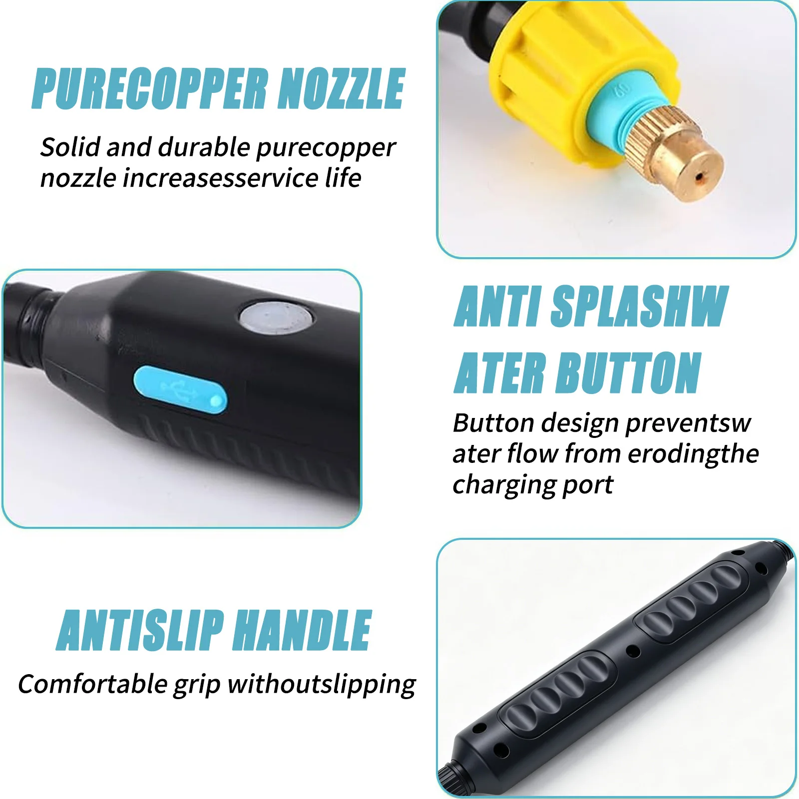 1500 mAh elektrisches Gartensprüher, tragbares USB‑C Gartengerät mit 3 Sprühdüsen, 3M Schlauch für Pflanzenbewässerung Autowäsche – Detail 7