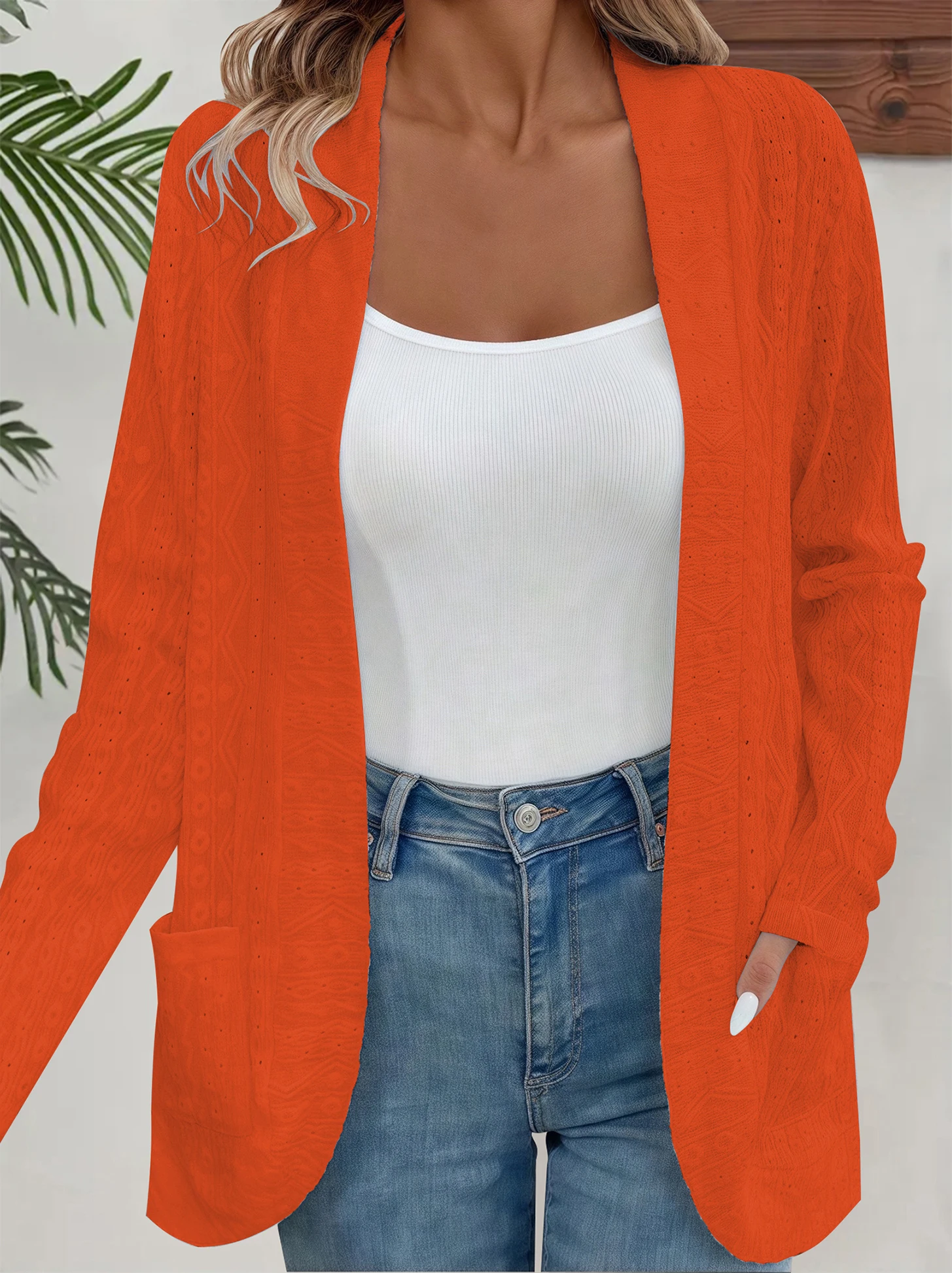 

Elegant Women's Lightweight Autumn Coat - Solid Color Semi-Sheer Open Front Pocket Buttonless Chic