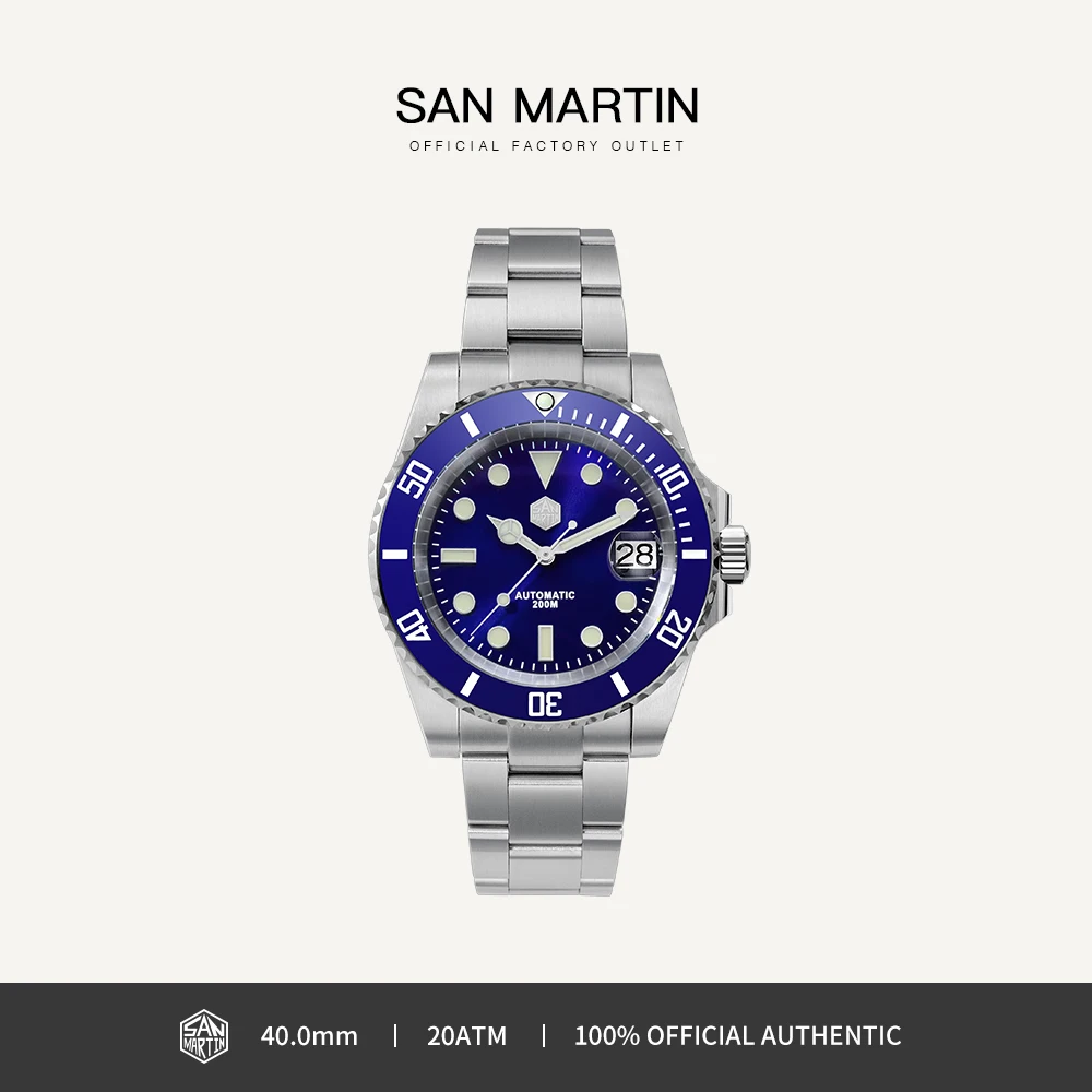 

San Martin 40.5mm Water Ghost Dive Watch NH35 Automatic Mechanical Men Wristwatch Stainless Steel Sapphire 20Bar Luminous SN0017