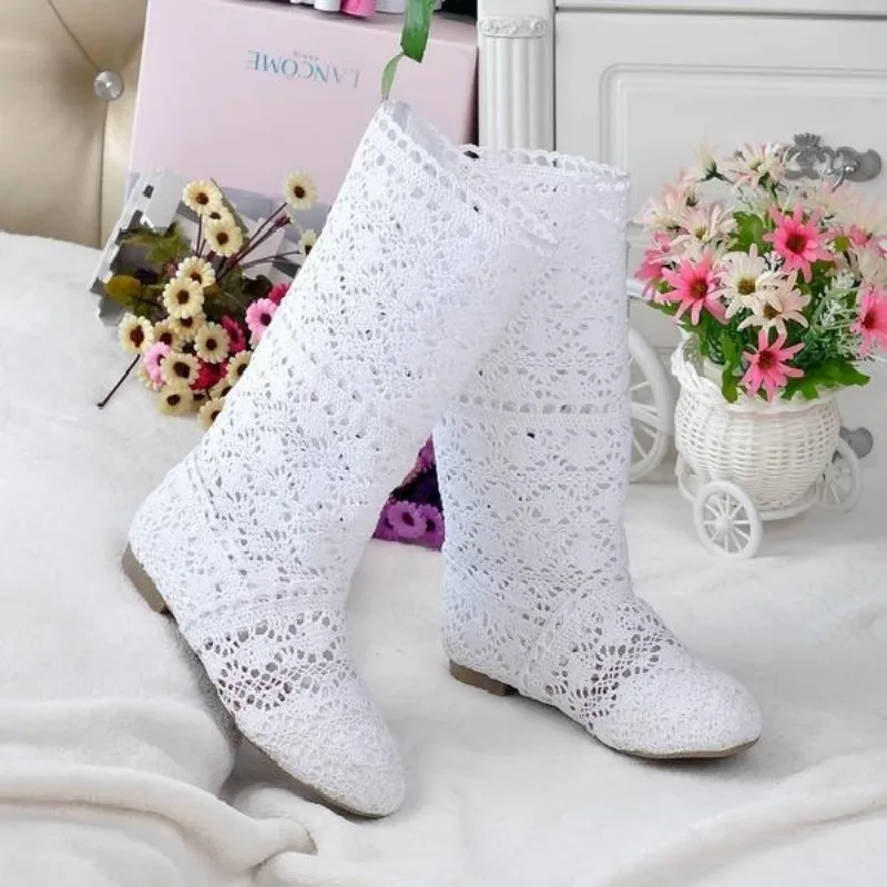 2023 spring and autumn knitted hollow boots flat bottom mesh high / low tube breathable fashion lace boots women\'s shoes