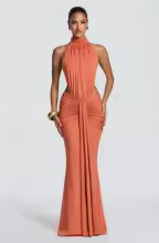 Backless Maxi Dress Halter High Neck Cutout Ruched Mermaid - Papaya