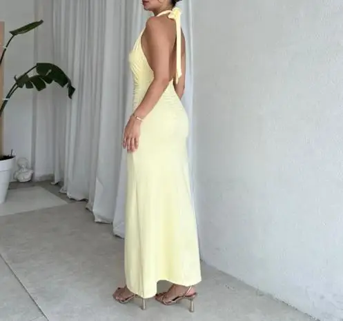 

Summer Solid Color V-Neck Hanging Neck Backless Dress for Women, Sexy and Elegant Slim Fit A-Line Sleeveless Hip Hugging Dress