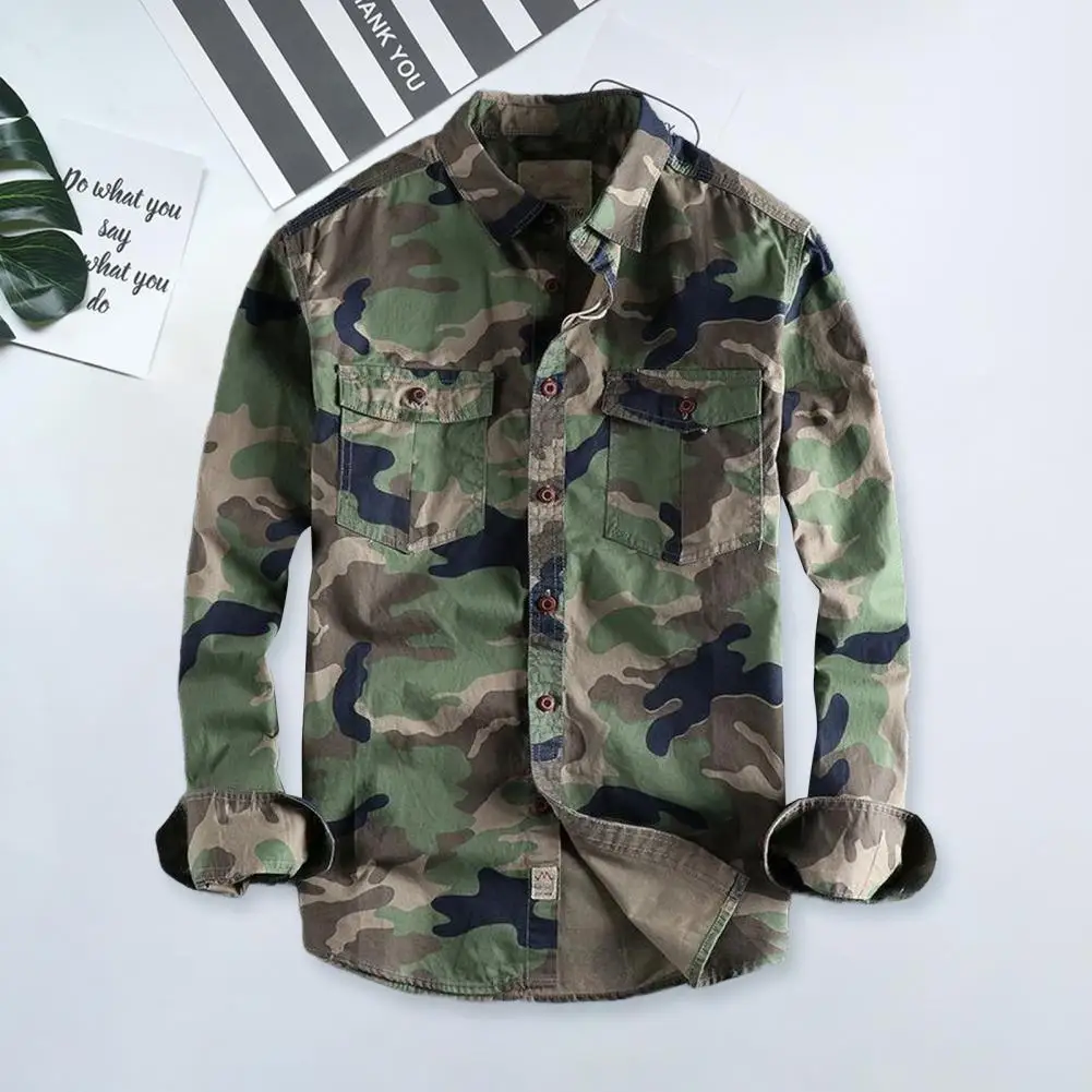 Men Hiking Shirt Men's Camouflage Print Cargo Style Shirt with Wear-resistant Fabric Long Sleeves Turn-down Collar for Spring