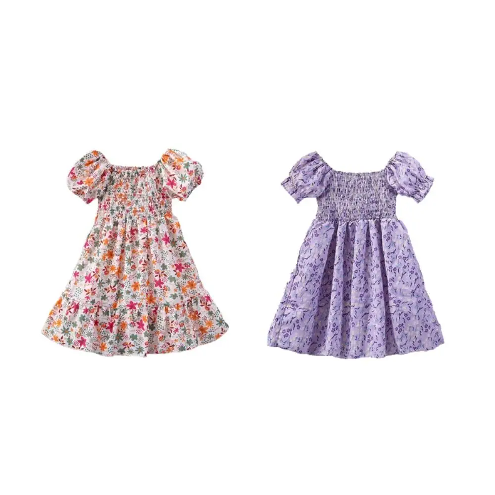 فستان بناتي بأكمام منتفخة حلوة مزين بالورود ورقبة مربعة فساتين صيفية للأطفال بطيات فضفاضة للأطفال فستان الأميرة للحفلات #6