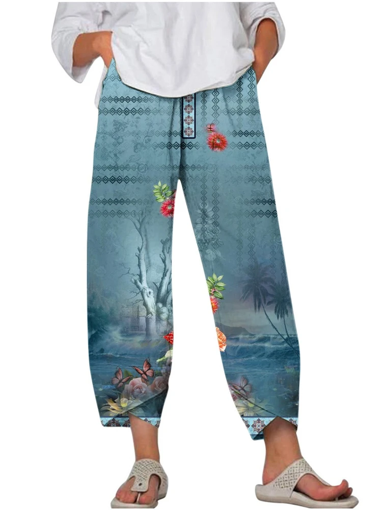 Women's Harem Pants Summer Women's Lantern Pants Retro 3D Flower Pattern Daily Casual Large-sized Women's Wide Leg Pants