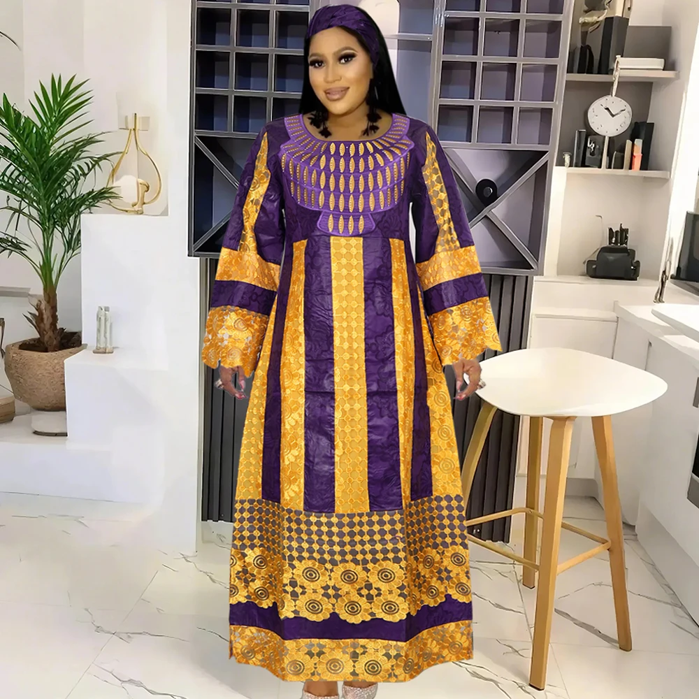 

H&D African Clothing Dresses For Women 2024 Elegant Wedding Party Ankara Dashiki Long Dress Roupas Purple Bazin Riche Robe