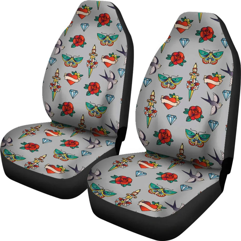 Old School Tattoo Traditional Vintage Style Pattern on Gray Car Seat C,Pack of 2 Universal Front Seat Protective Cover