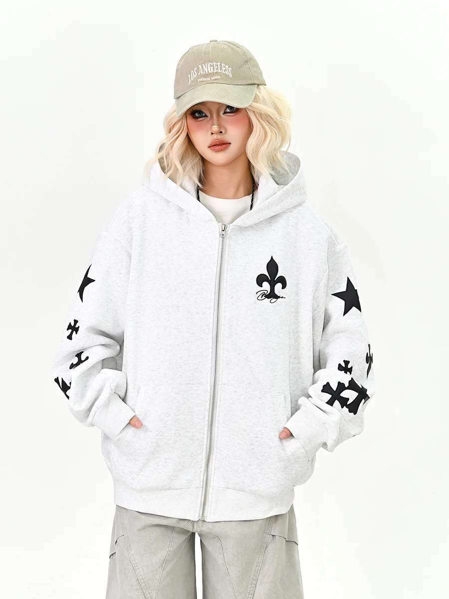 

Американский свободный кардиган с капюшоном, женская толстовка, весна 2026, новая модель, с узором «звезды и кресты», винтажная верхняя одежда