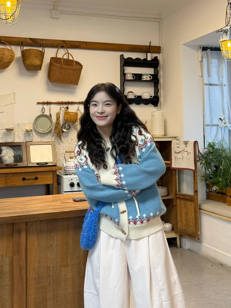 

Autumn Winter Long Sve Knitted Sweater Women's College Sle Hoodie Cardigan Anti-Aging Faion Top Fair Island Embroidery