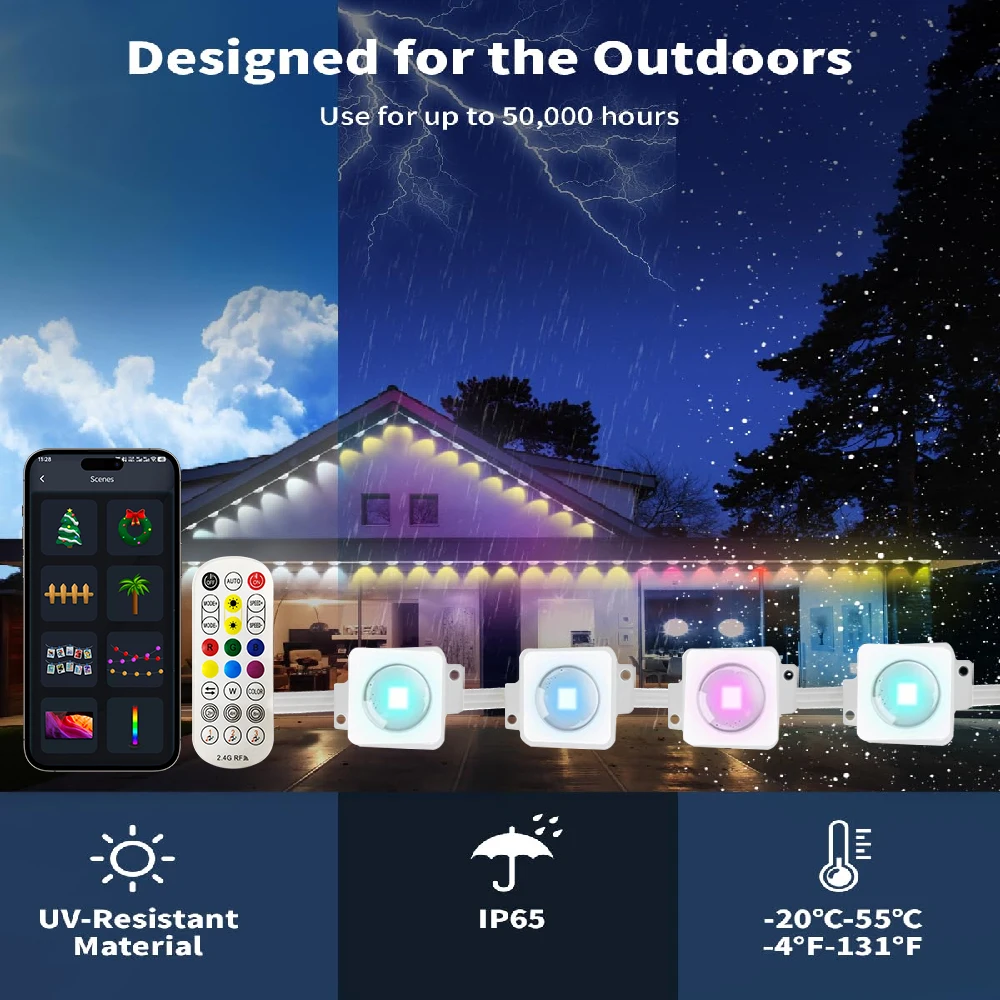 Christmas 5/90-Meter Outdoor Permanent String Lights, Bluetooth Festive Eave LED Lights, New Year Wedding Decorative String Ligh