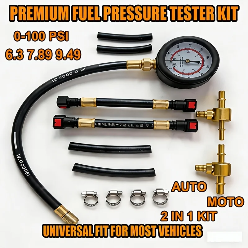 Quick Connection Fuel Pressure Tester Gauge Tools Kit 0-100 PSI with 9.49, 7.89, 6.30 Fuel Line Suitable Fuel Pressure Test Kit