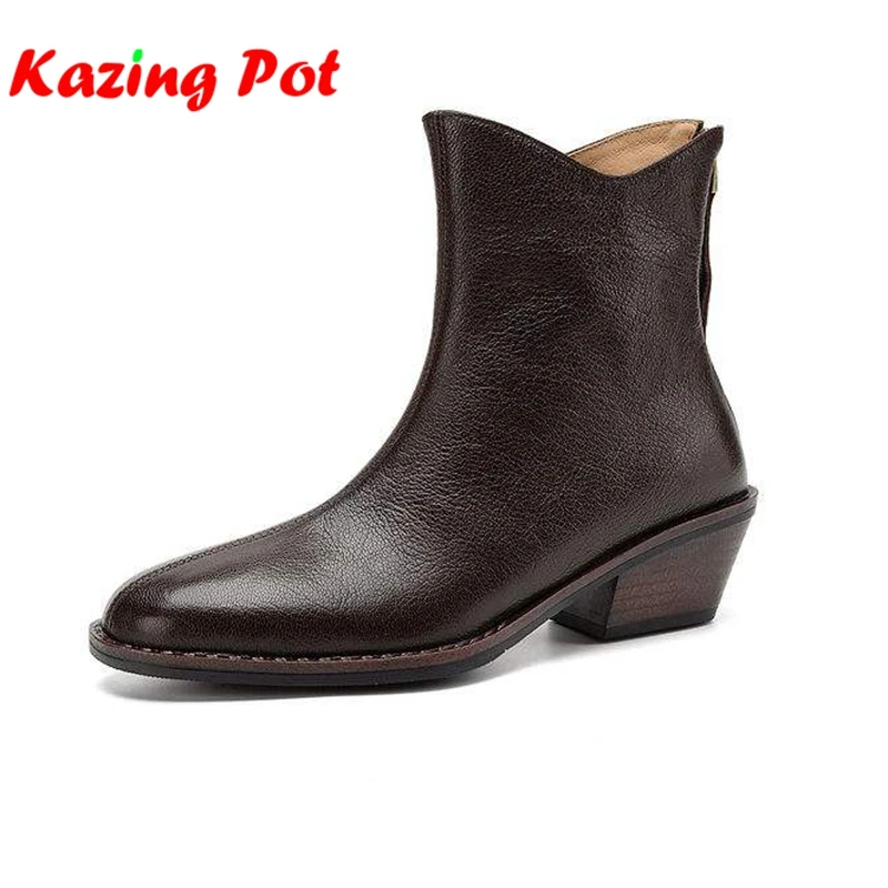 Krazing Pot Plus Size 42 Sheepskin Round Toe Med Heels Zip Chelsea Boots Keep Warm Winter Shoes Fashion Street Wear Ankle Boots