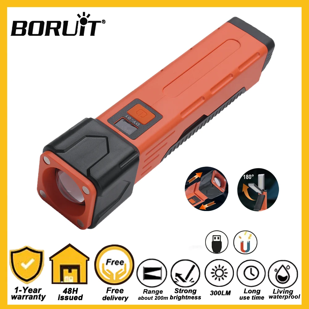 

BORUiT Портативный светодиодный фонарик COB Рабочий свет USB C Перезаряжаемый складной фонарик с магнитом и цифровым дисплеем Power Bank