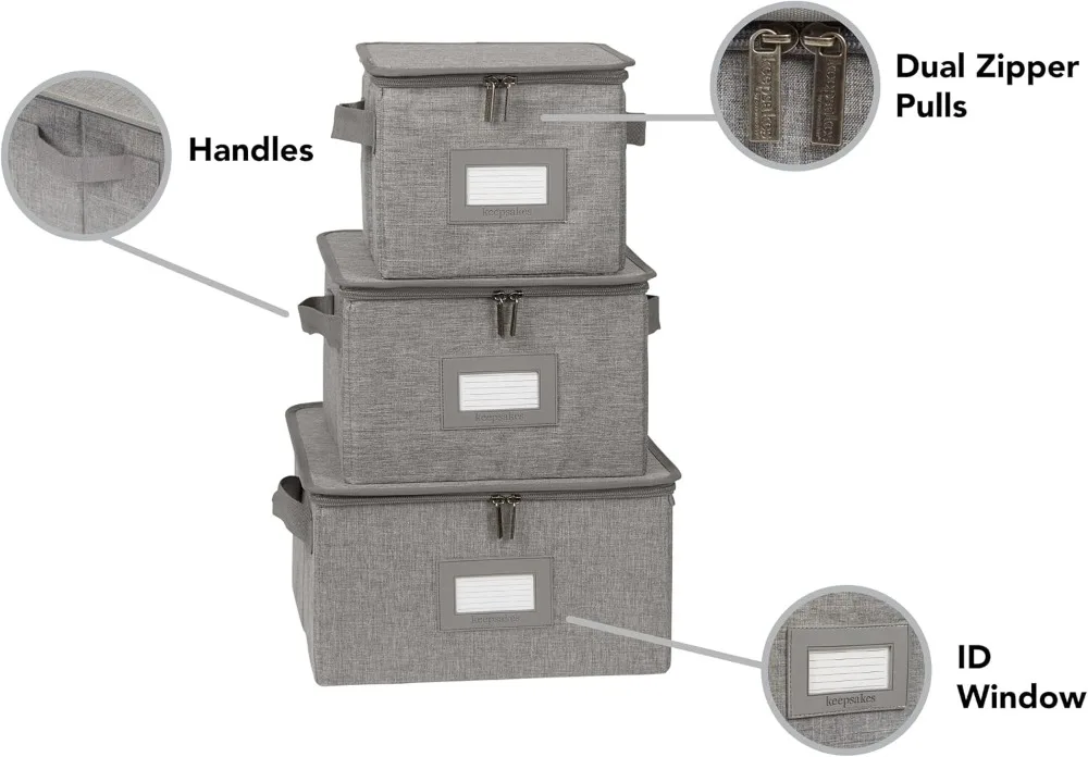 Dish Storage Box Set 3-Pack, Stackable Plate Container with Dividers, Durable Polyester, Zipper & Handle