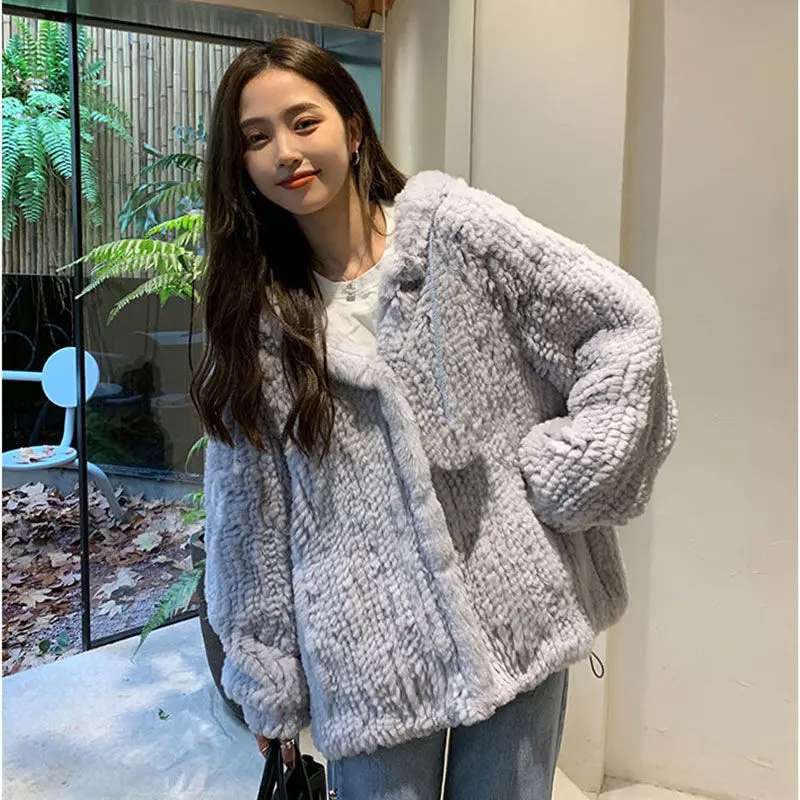 2023 Winter New Women Imitate Rex Rabbit Fur Woven Fur Coat Temperament Mid-Length Loose Hooded Outwear Fashion Casual Outwear