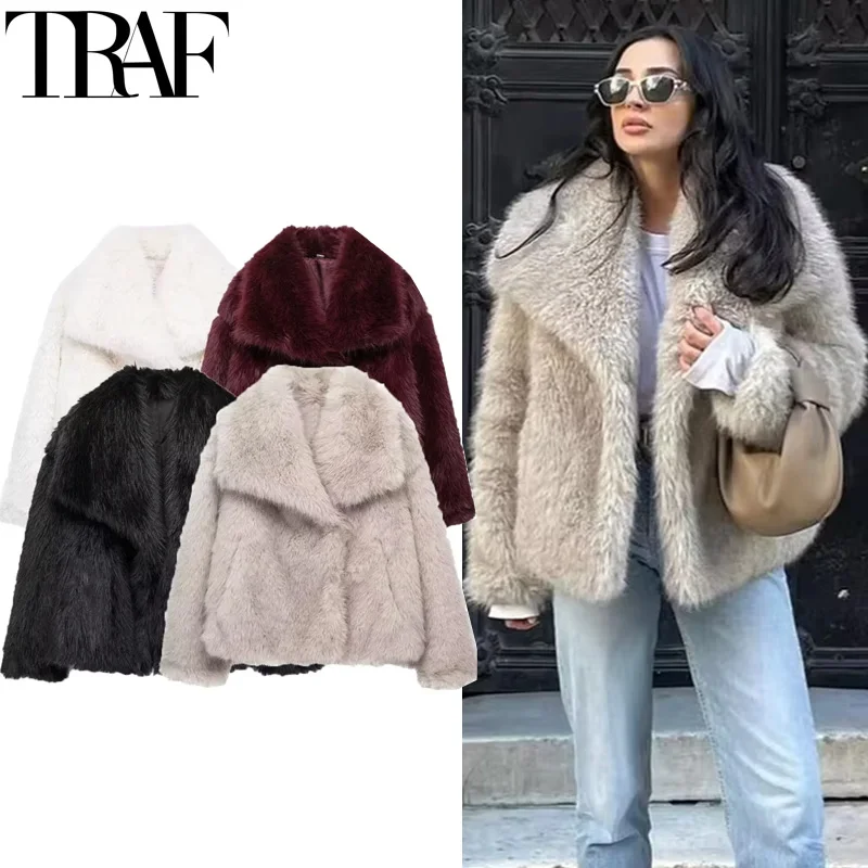 TRAF 2024 Woman Autumn Winter Faux Fur Coat Plush Fluffy Women\'s Jacket New in Outerwears White Red Gray Black Wool Blends Coats