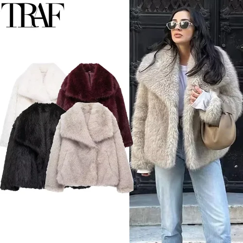 TRAF 2024 인조 모피 코트, 플러시 플러피 여성 재킷, 화이트, 레드, 그레이, 블랙 울 혼방 코트, 가을, 겨울, 신상 