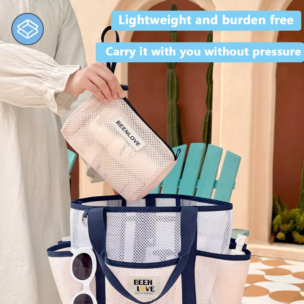 حقيبة تخزين مستحضرات التجميل ذات سعة كبيرة، حقيبة شبكية سريعة الجفاف، حقيبة تخزين للسفر والشاطئ، حقيبة سباحة محمولة، حقيبة غسيل شبكية عصرية