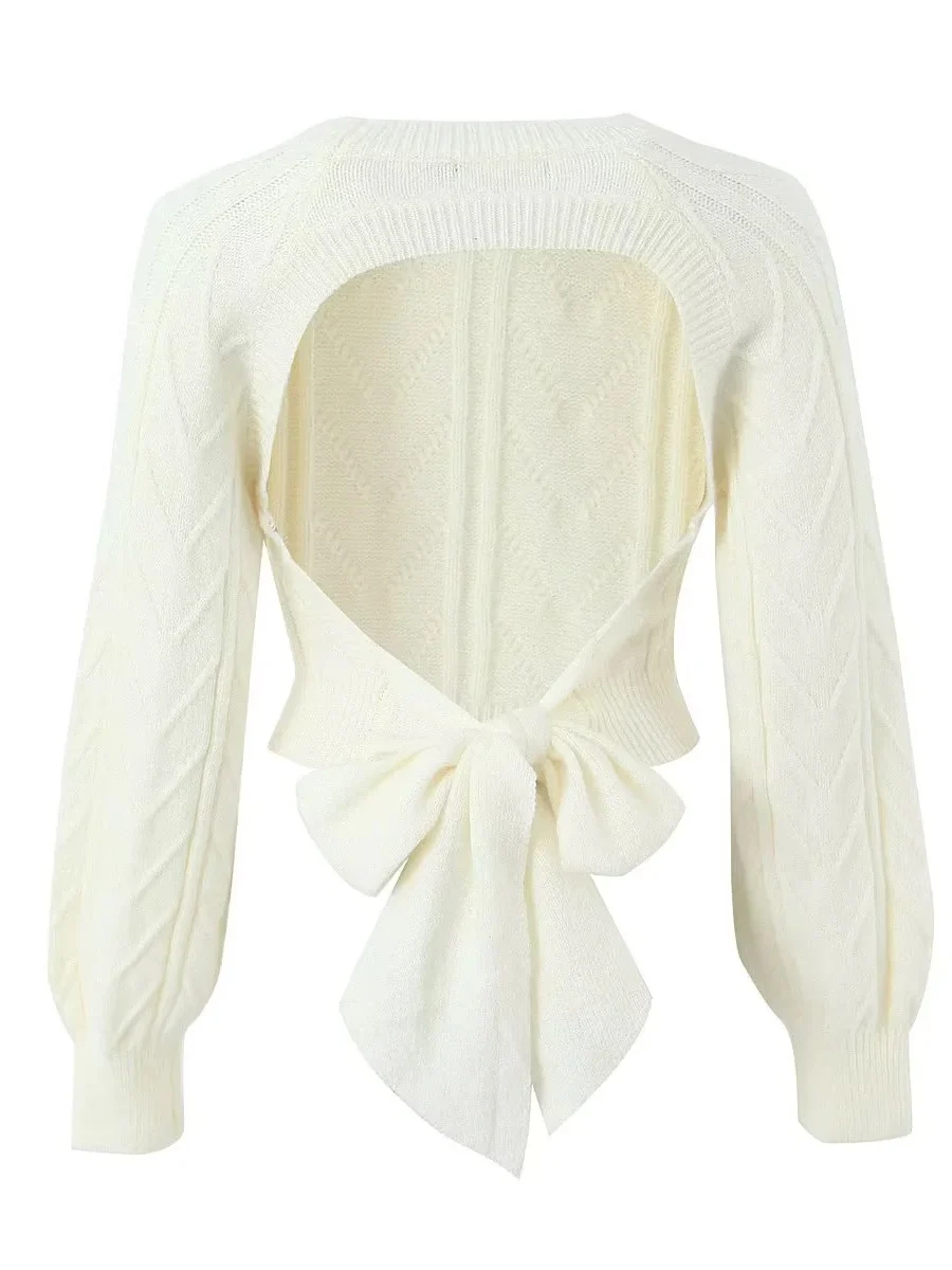 Amerykański sweter z dzianiny z kokardą, okrągłym dekoltem i efektem skręcenia, damski, wysoki stan, wyszczuplający, uniwersalny top.