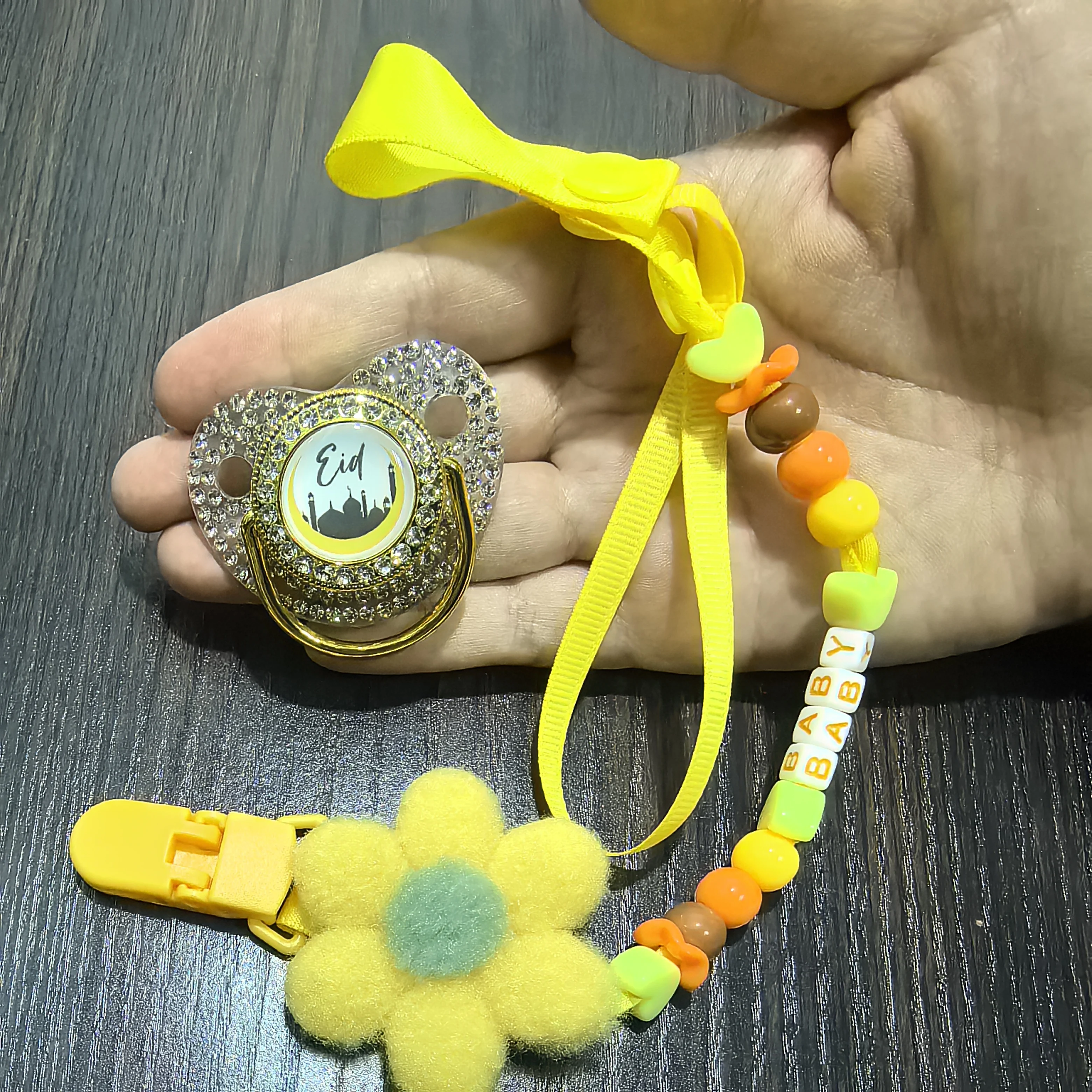 

Держатель для соски и клипса для новорожденных к празднику Ид - золотая отделка, принт с мечетью, бусины с надписью "Baby", желто-белые, мягкий силиконовый держатель для соски