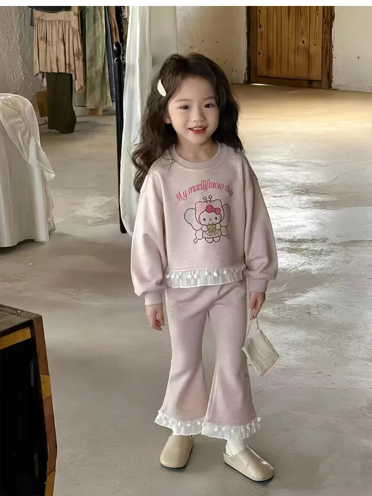 

Girls' Suit2024New Autumn Children's Baby Western Style Leisure Lace Sweater Bell-Bottom Pants Two-Piece Set