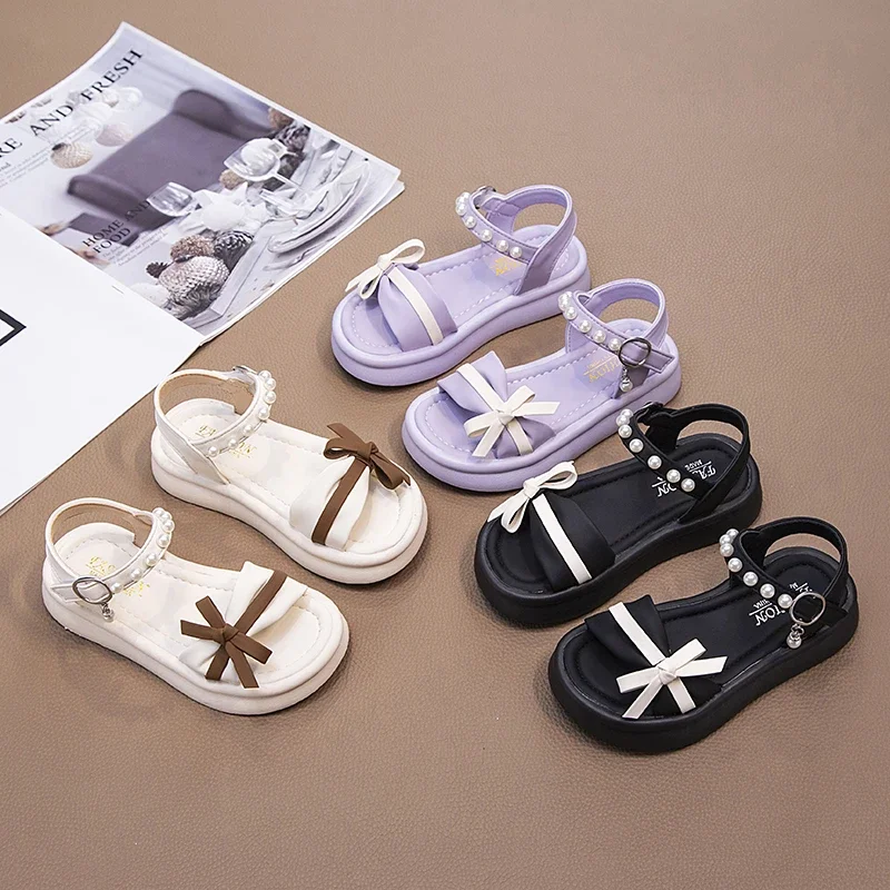 Girls Beading Sandals Princess Sweet Fashion 2024 Summer Brand New Soft Children Beach Shoes Kids Flat Sandals Bow-knot Pendant