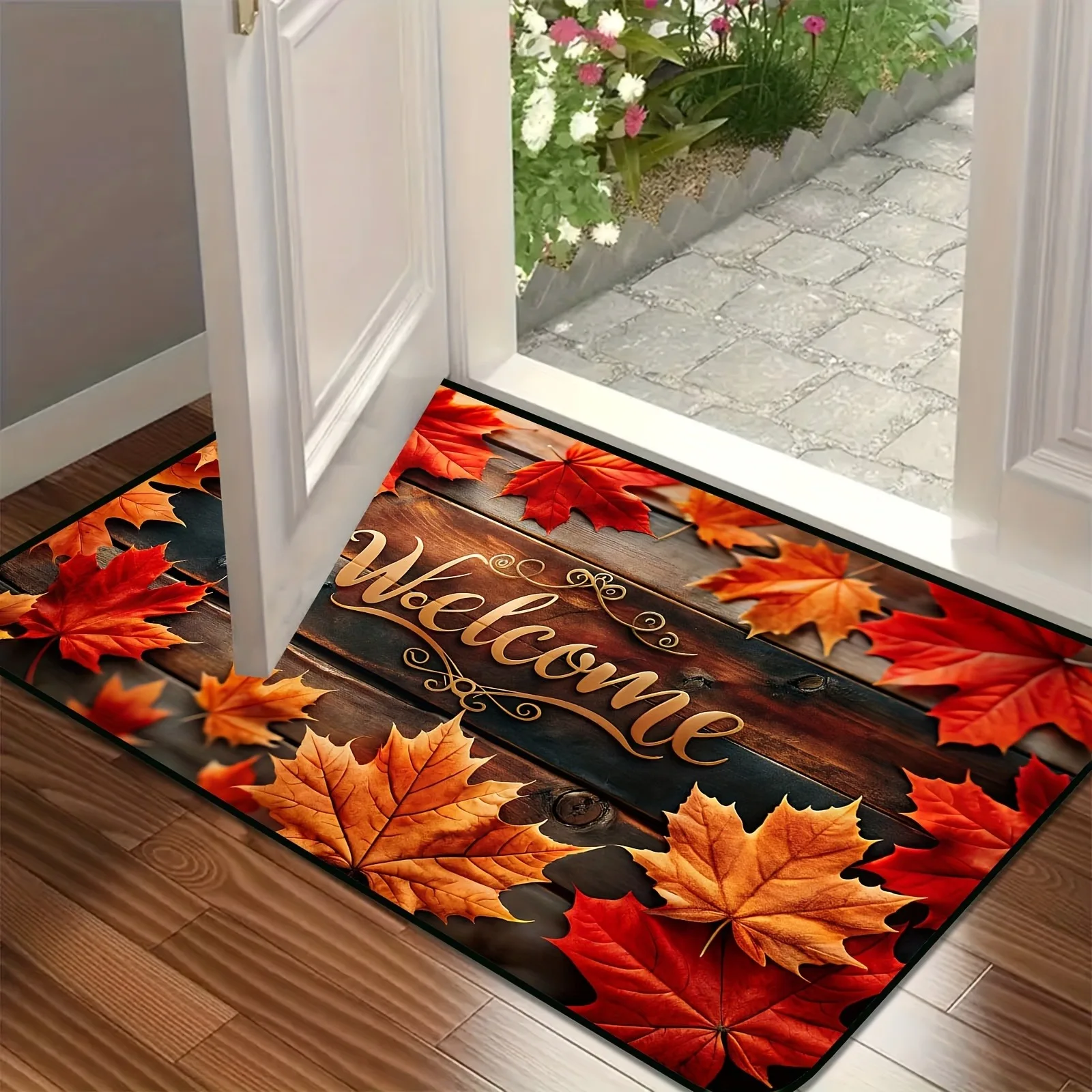Autumn Maple Leaves Welcome Doormat - 1pc Non-Slip, Polyester Crystal Velvet, Machine Made for Living Room, Bedroom, Bathroom, Kitchen And Laundry - Durable, Fade Resistant Entry Rug