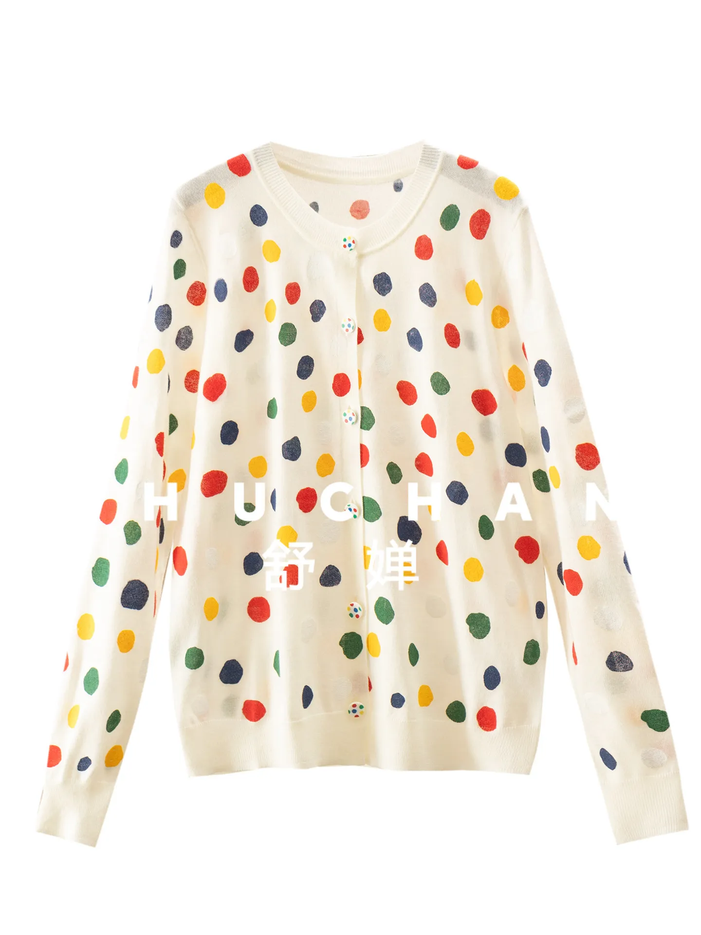 

Элитный бренд Join Name, шерстяной кардиган с радужным принтом в горошек, 100% шерсть, с коротким рукавом, женский, 24G9