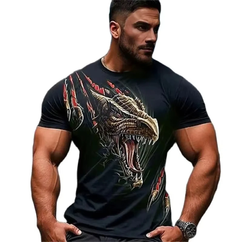 Summer Boutique Hot Selling T-shirts Men's 3D Dragon Mythical Creature Dark Style Streetwear Tees Short Sleeves Round Neck Tops