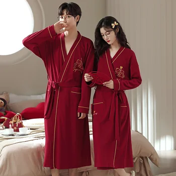 고품질 빨간 가운 가운, 커플 섹시한 잠옷, 나이트 가운, 나이트 웨어, 남성과 여성 봄, 가을 100% 코튼 목욕 가운 