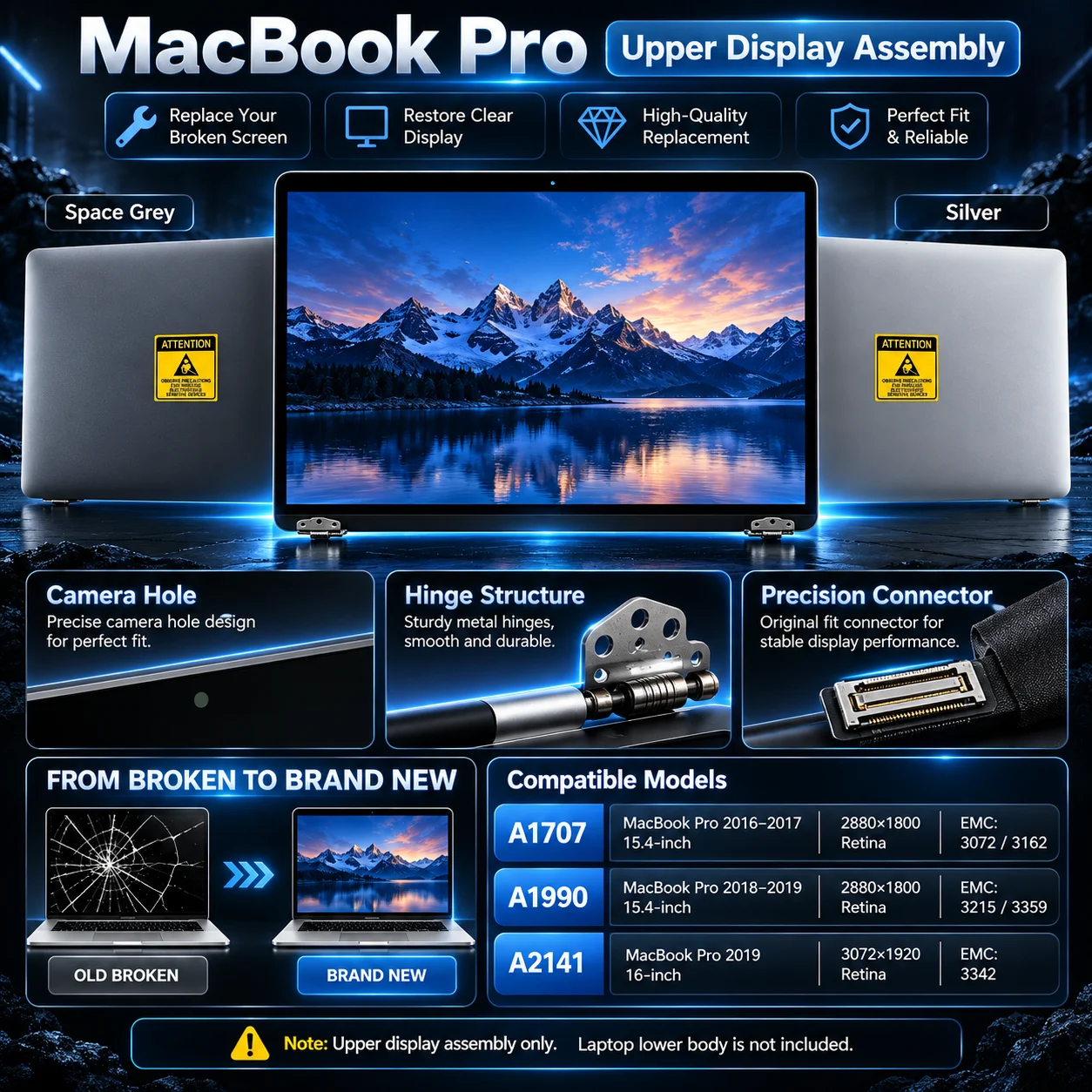 LCD Screen Assembly for MacBook Pro 15 16 Inch A1707 A1990 A2141 Retina Display Replacement Full Display Panel Repair Parts