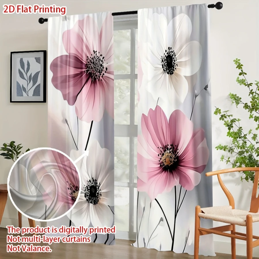 2PCS Digital Printed Curtains, Pink White Camellia Flower Soft Elegant, Modern Home Decor Style for Living Room Bedroom Decor