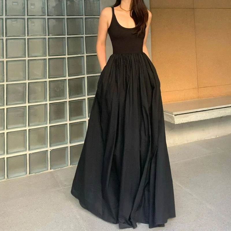 HOUZHOU gaun Maxi hitam elegan Chic Vintage tanpa lengan longgar ruffle wanita pesta klub malam jubah gaya Korea sundress